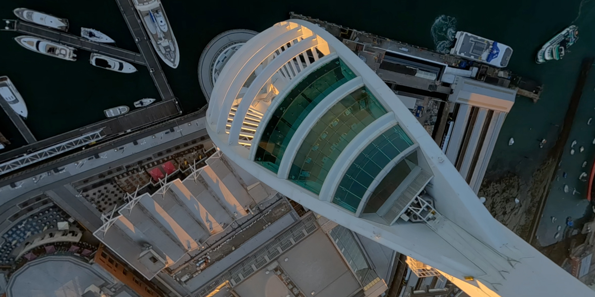 Drone shot looking directly down from the top of Spinnaker Tower Portsmouth