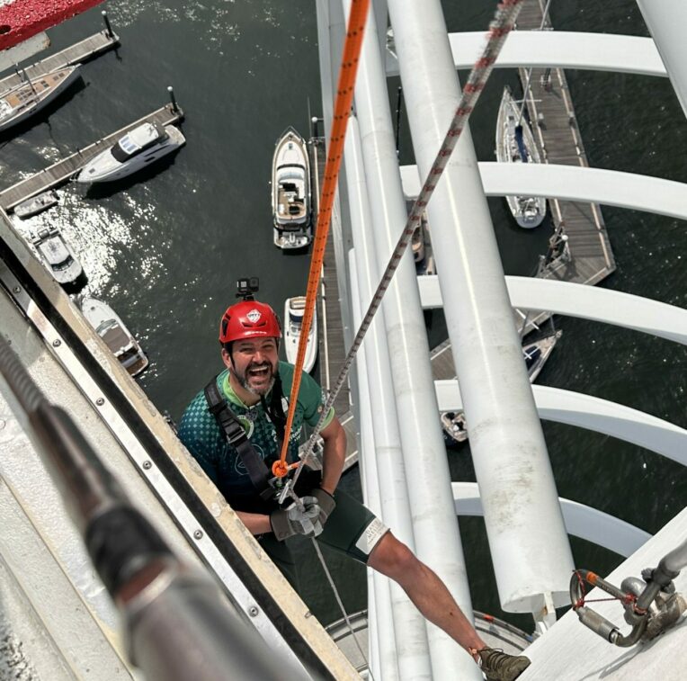 Jordan Wylie abseiling the Spinnaker Tower