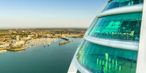 Sunrise close up of Spinnaker Tower view decks from drone