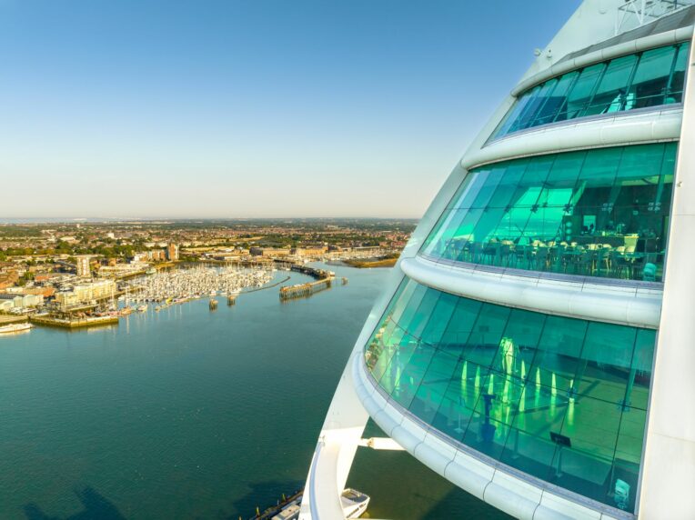 Sunrise close up of Spinnaker Tower view decks from drone