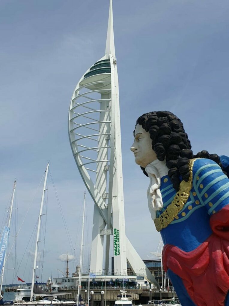 Spinnaker Tower photographed behind the figure head in Gunwharf Quays